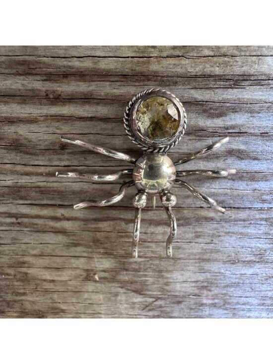 Unbranded Jewelry - Sterling Silver Citrine Spider Brooch Pin Figural Insect Jewelry 1.5” 6.49g